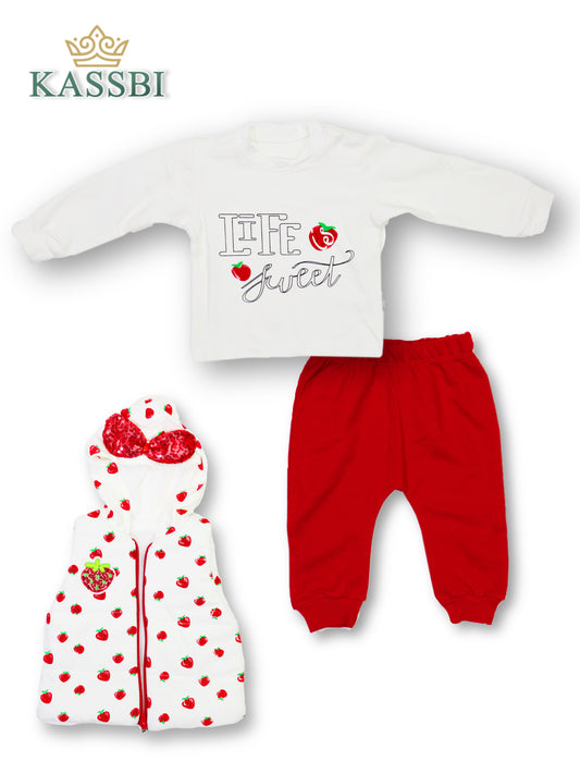 Gilet à capuche + Tricot + pantalon - Motif Fraise