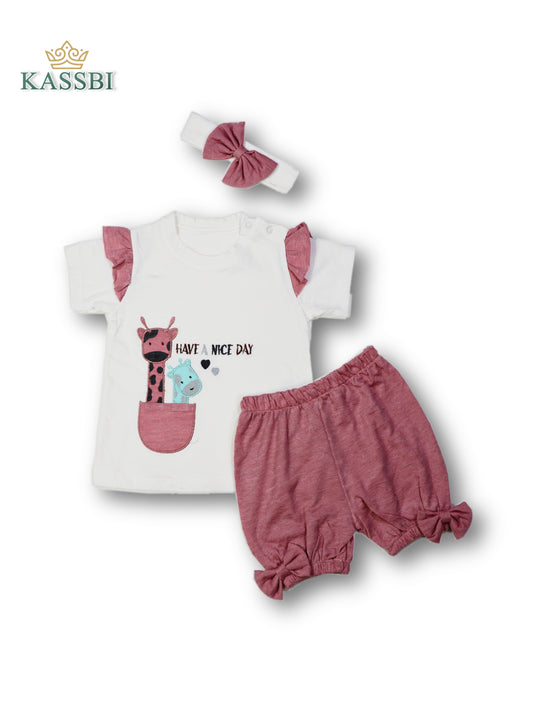 Tee-shirt fille manches courtes volantées + Short + bande