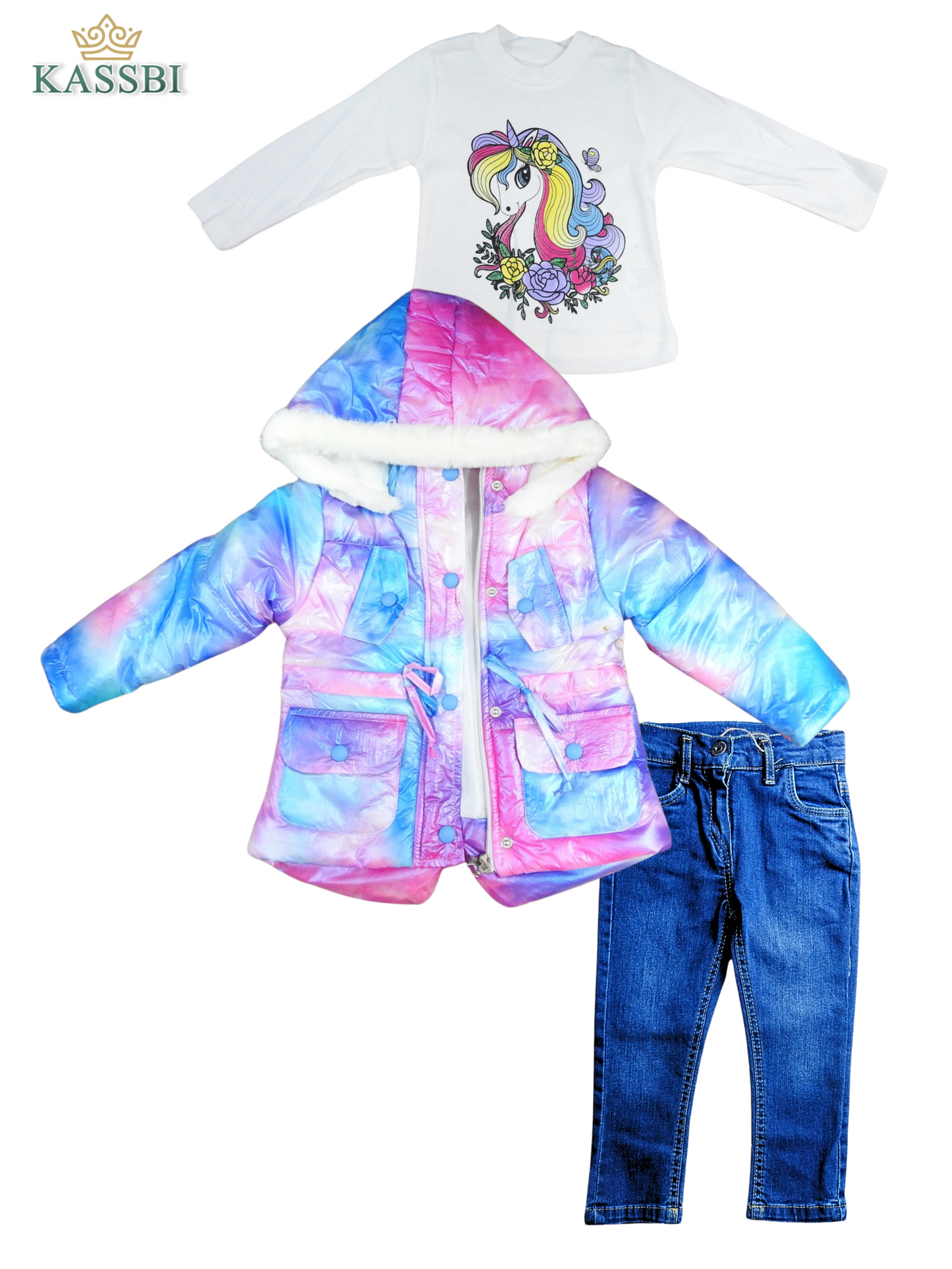 Ensemble Fille 3 Pièces : Doudoune, Pull et Pantalon en Jean