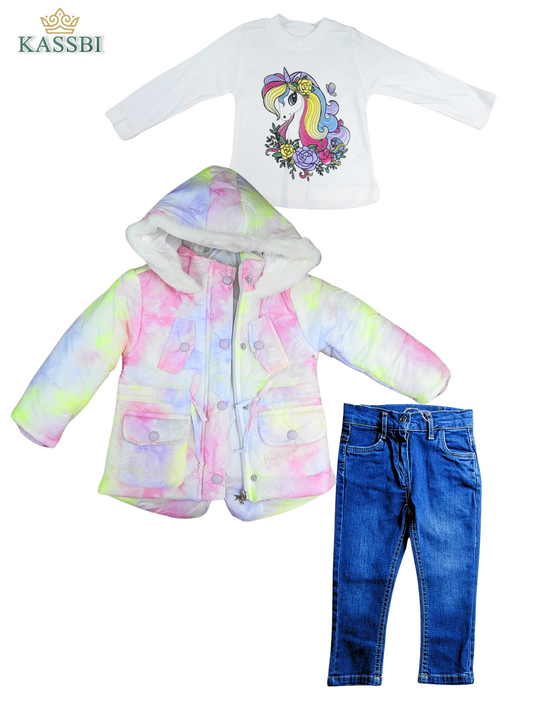 Ensemble Fille 3 Pièces : Doudoune, Pull et Pantalon en Jean