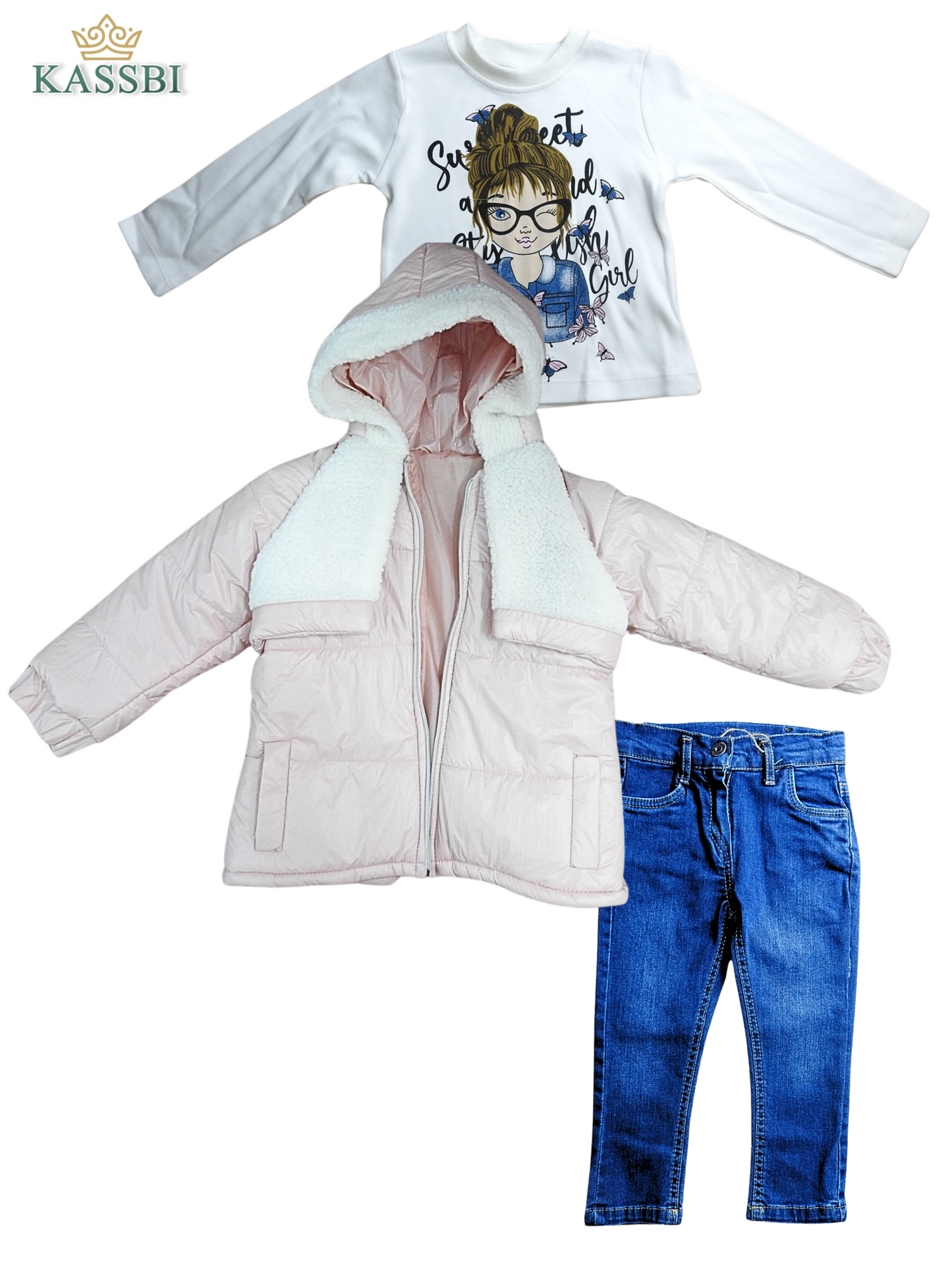 Ensemble Fille 3 Pièces : Doudoune, Pull et Pantalon en Jean