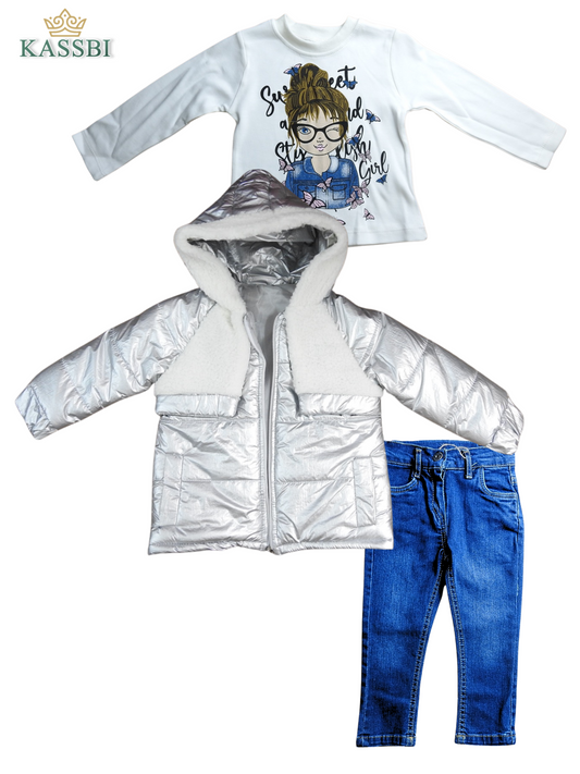 Ensemble Fille 3 Pièces : Doudoune, Pull et Pantalon en Jean