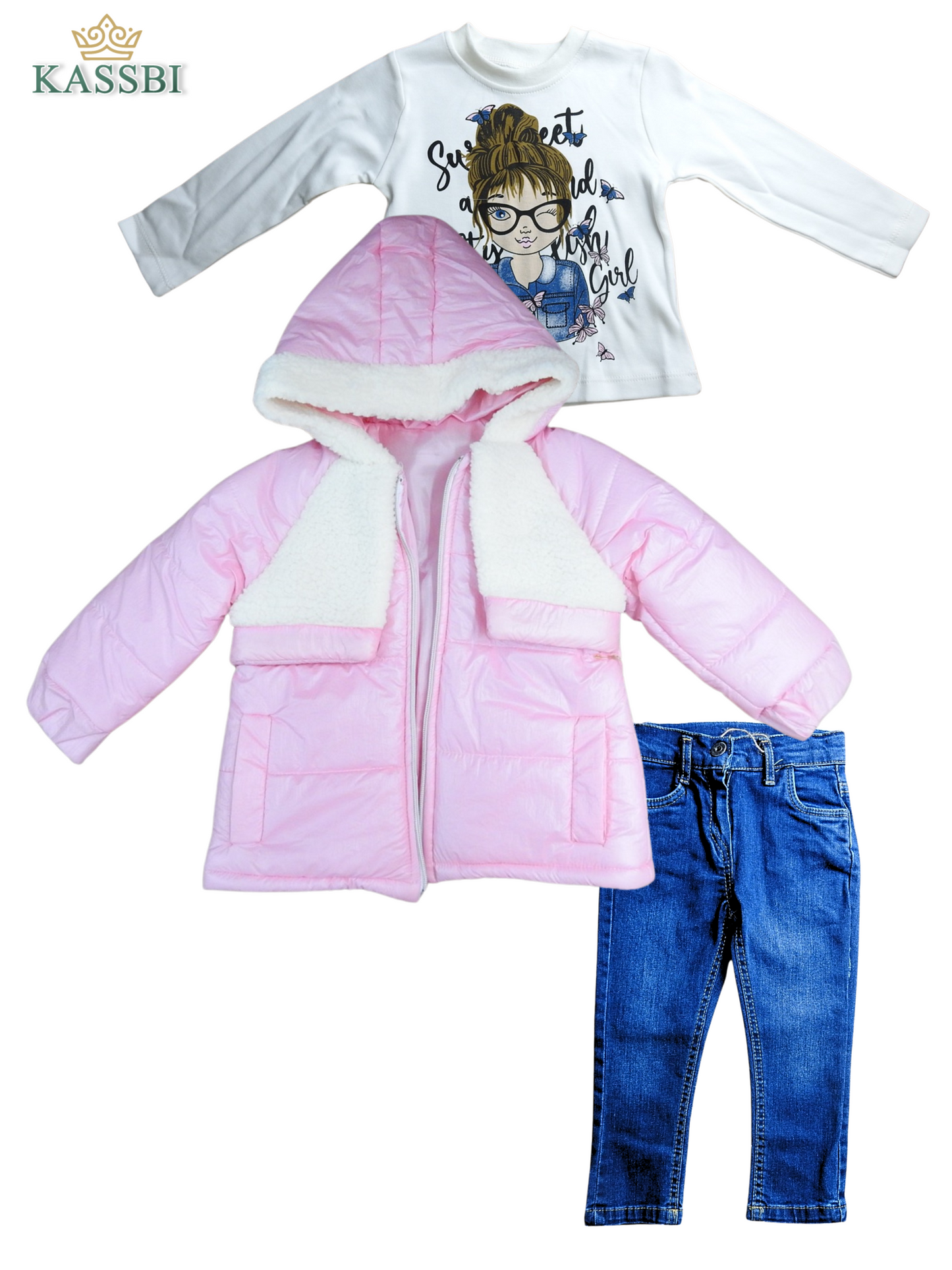 Ensemble Fille 3 Pièces : Doudoune, Pull et Pantalon en Jean