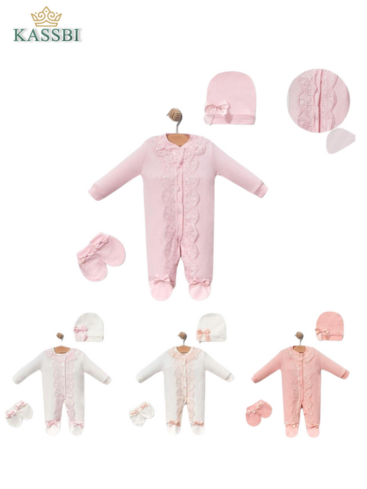 Grenouillère + moufles + bonnet - coton