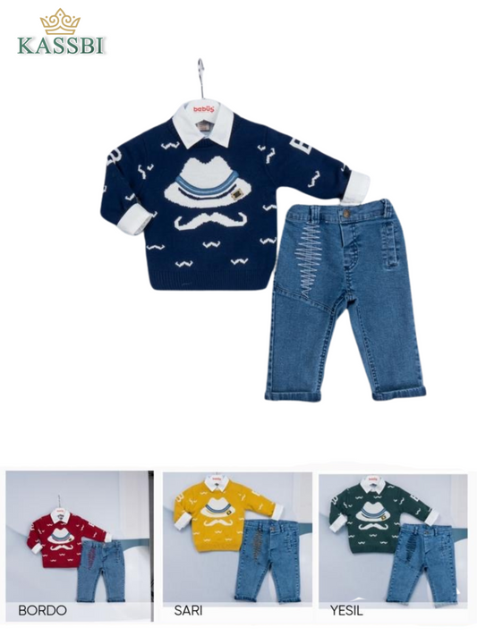 Ensemble 3 pièces bébé garçon- Tricot + Chemise + Jean
