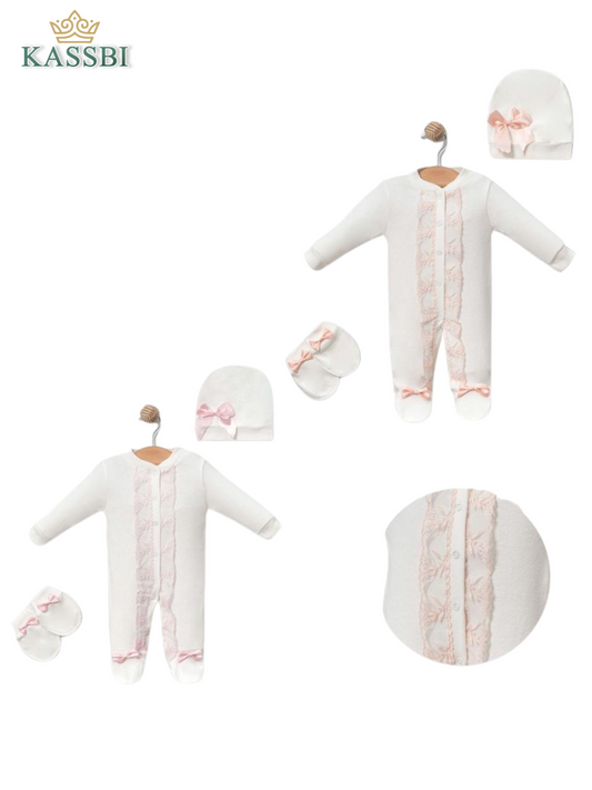 Grenouillère + moufle + bonnet - Coton - Fille