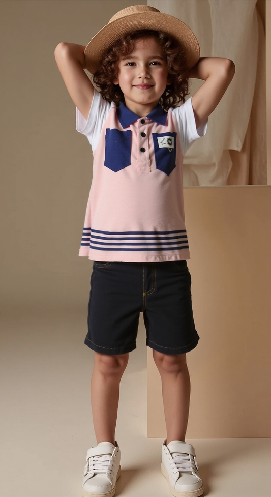 Ensemble Garçon Chic Été – Polo Rose & Short Marine