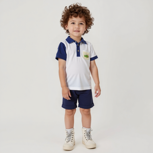 Ensemble polo blanc et bleu marine pour garçon – Style sport chic