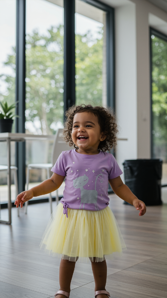 Ensemble fille t-shirt violet chat & jupe tutu – Look joyeux et pétillant
