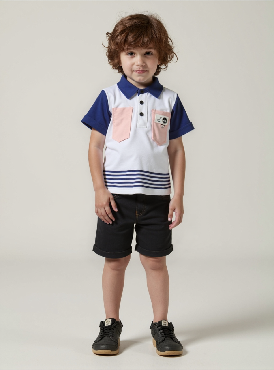Polo garçon tricolore à poches contrastées & short noir – Style casual chic
