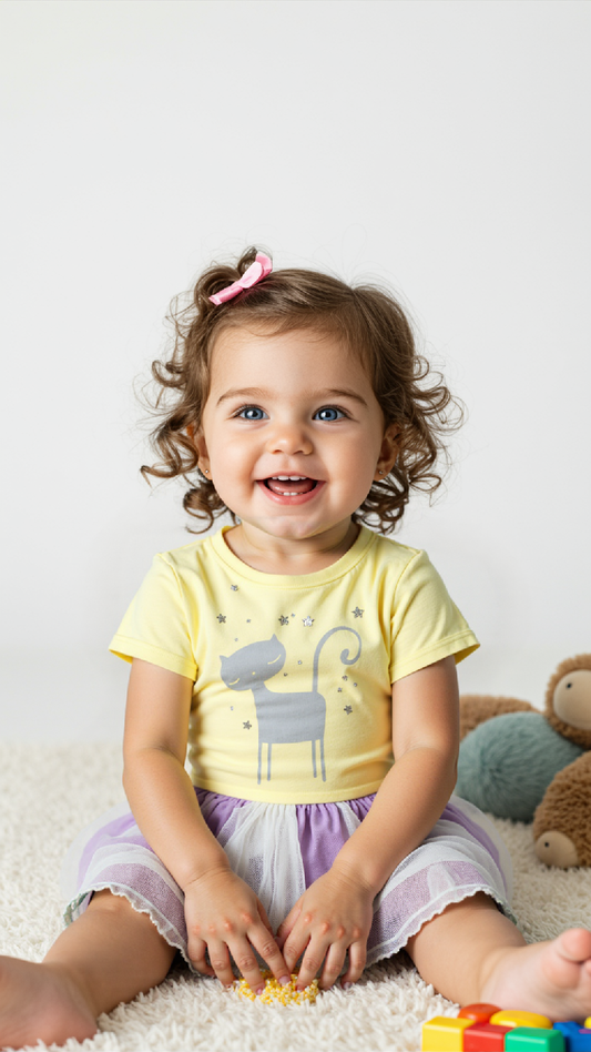 Ensemble fille t-shirt jaune chat & jupe tutu – Look joyeux et pétillant