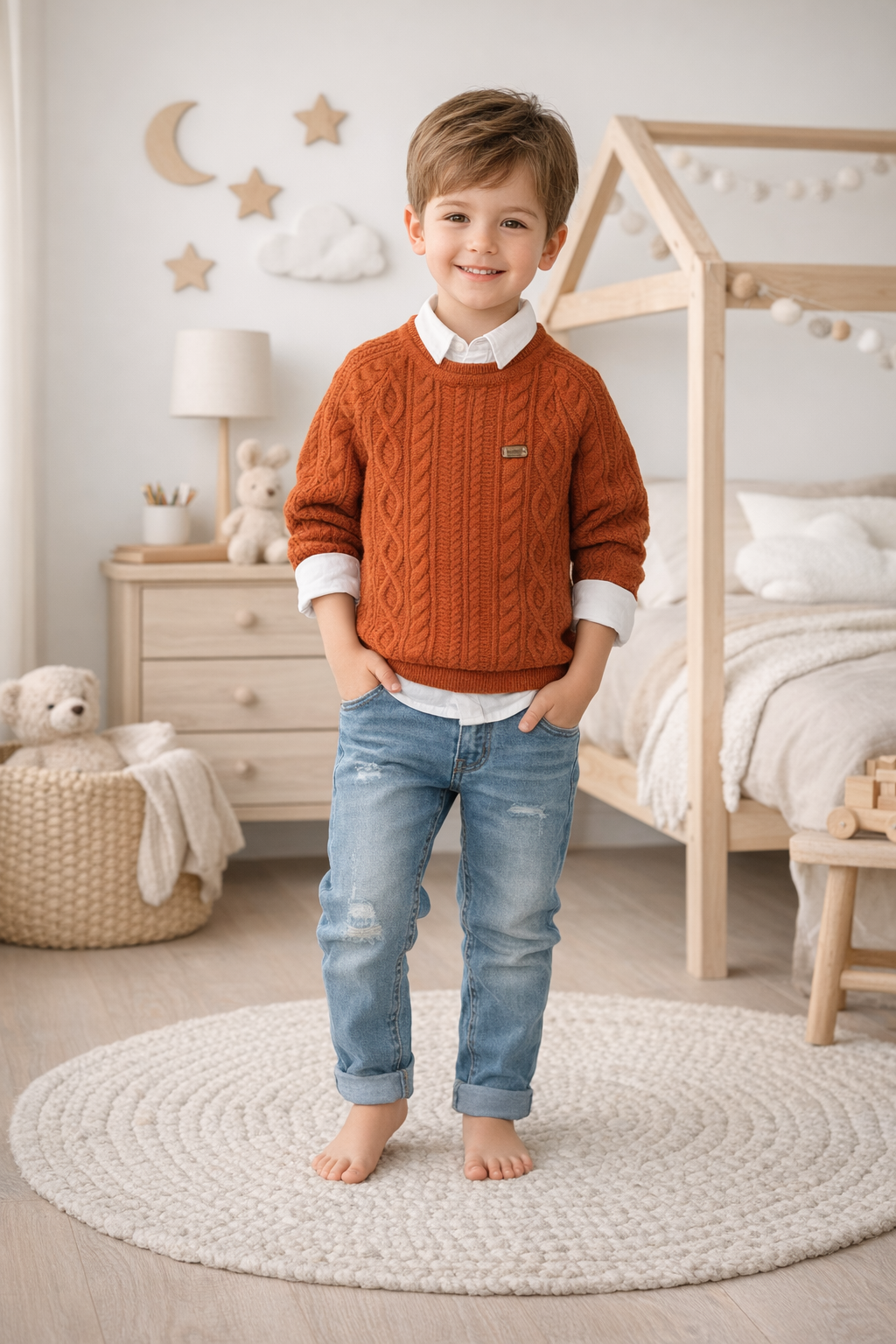 Ensemble garçon pull en maille torsadée et jean