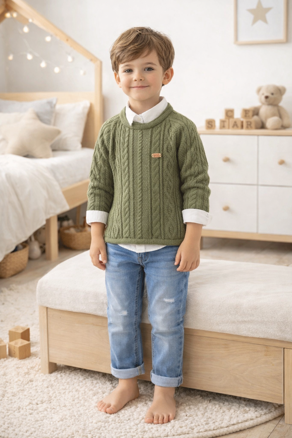 Ensemble garçon pull en maille torsadée et jean