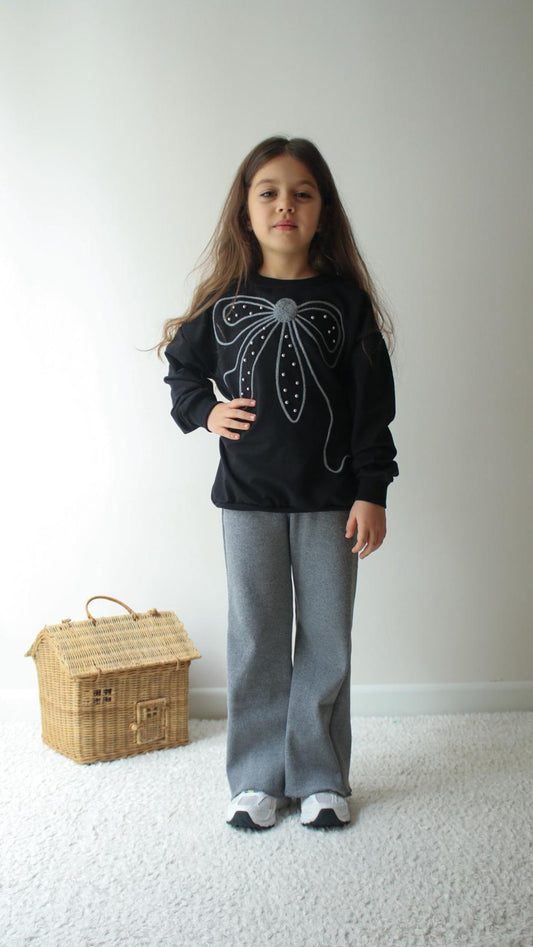 Ensemble fille nœud brillant noir et gris – Sweat & pantalon large