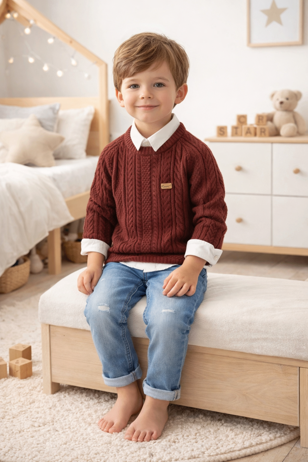 Ensemble garçon pull en maille torsadée et jean